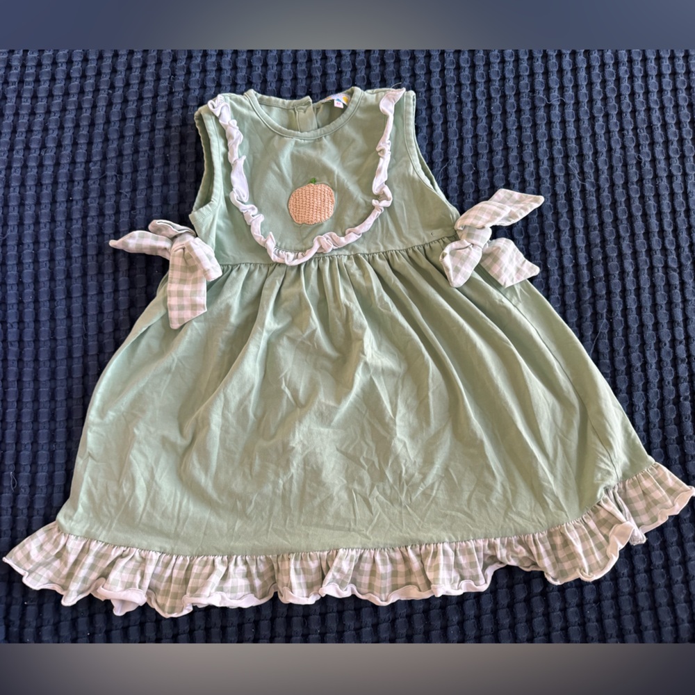 Sugar Dumplin French knot smocked Green gingham pumpkin fall Dress with Ruffles